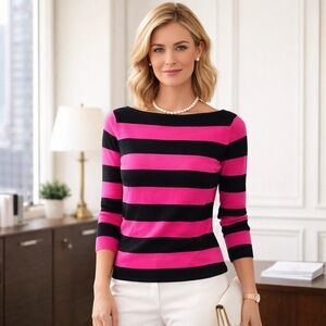 Lauren Ralph Lauren pink and black sweater Sz M 3/4 Sleeve Office Preppy Cotton